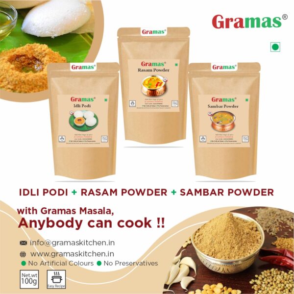 Gramas Idly Podi+ Sambar Powder+ Rasam Powder 300gms (100gm x 3)